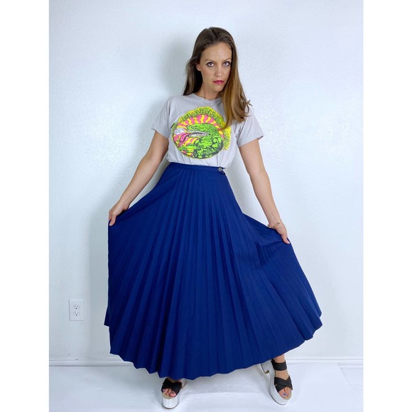 vintage 70s Navy high waisted PLEATED Maxi SKIRT xxs/xs full skirt knife pleats - Picture 6 of 10